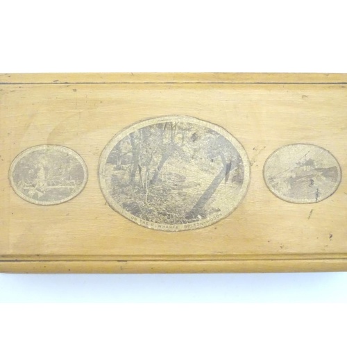 462 - A 19thC Mauchline ware box decorated with oval landscape views of the river Wharf, Bolton Woods, Yor... 