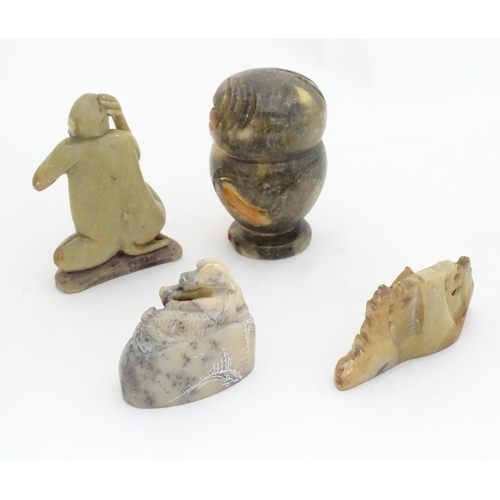 464 - Four various soapstone items , one formed as an owl, one a monkey and two other Oriental examples. T... 