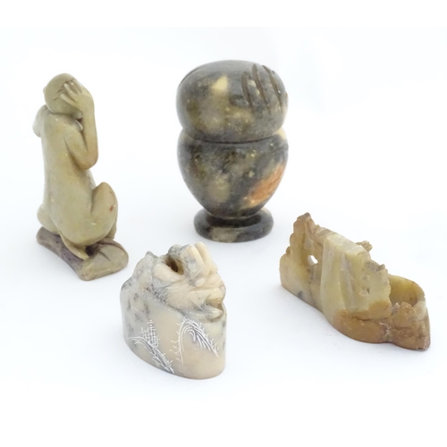 464 - Four various soapstone items , one formed as an owl, one a monkey and two other Oriental examples. T... 