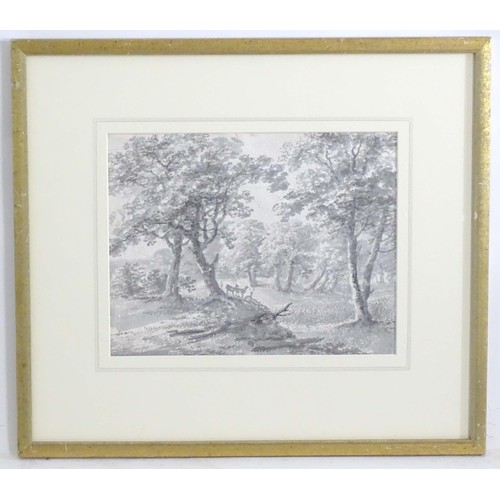 513 - Amos Green (1735-1807), Monochrome watercolour, A park landscape with deer. Ascribed verso. Approx. ... 