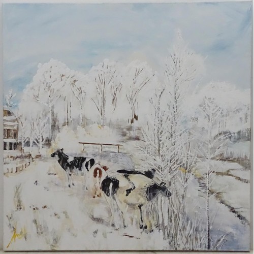 532 - Indistinctly signed Oil on canvas depicting cows in the snow. Approx. 39