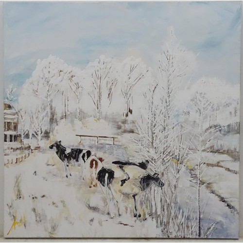 532 - Indistinctly signed Oil on canvas depicting cows in the snow. Approx. 39