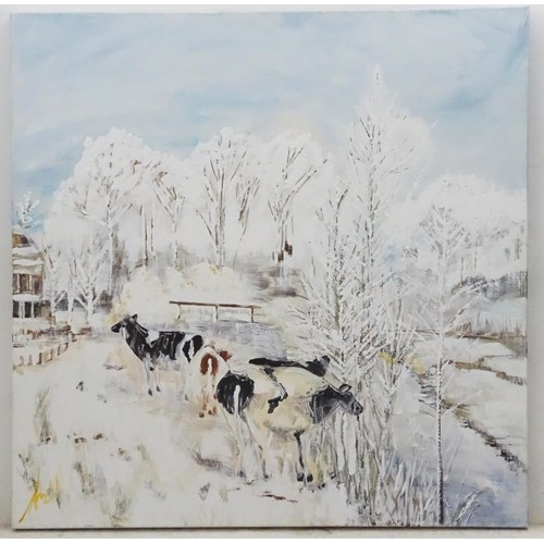 532 - Indistinctly signed Oil on canvas depicting cows in the snow. Approx. 39