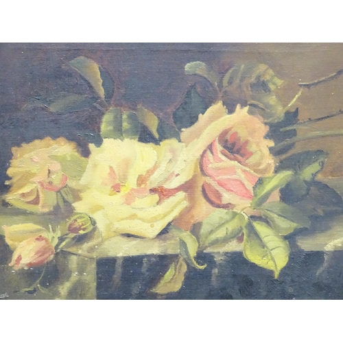 550 - Three still life pictures comprising an oil on canvas depicting roses, a watercolour of passion flow... 