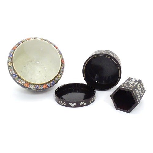 554 - Two items with inlaid mother of pearl decoration comprising pot and cover and brush pot. Together wi... 