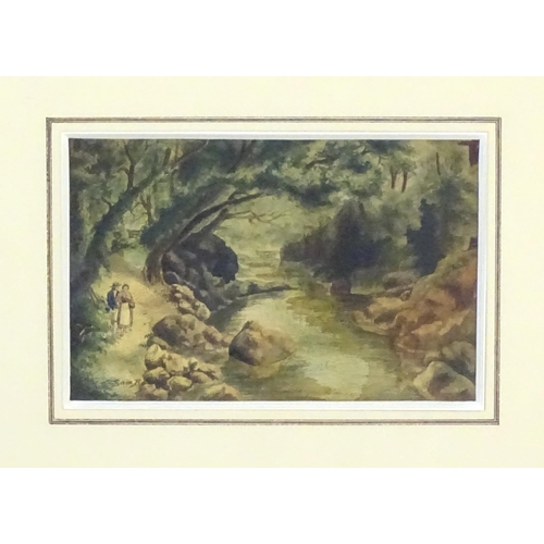 556 - Manner of Sam Bough (1822-1878), 19th century, Watercolour, Two figures walking on a wooded river pa... 