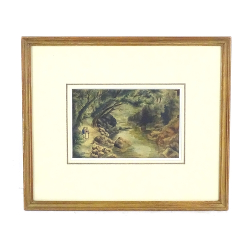 556 - Manner of Sam Bough (1822-1878), 19th century, Watercolour, Two figures walking on a wooded river pa... 