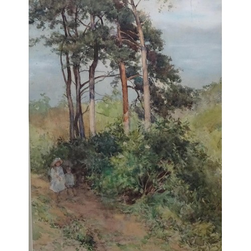 561 - 20th century, Watercolour, A landscape with trees, and children walking down a sandy path. Approx. 2... 