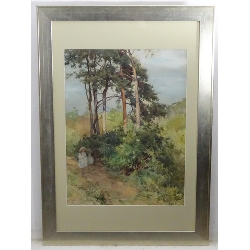 561 - 20th century, Watercolour, A landscape with trees, and children walking down a sandy path. Approx. 2... 