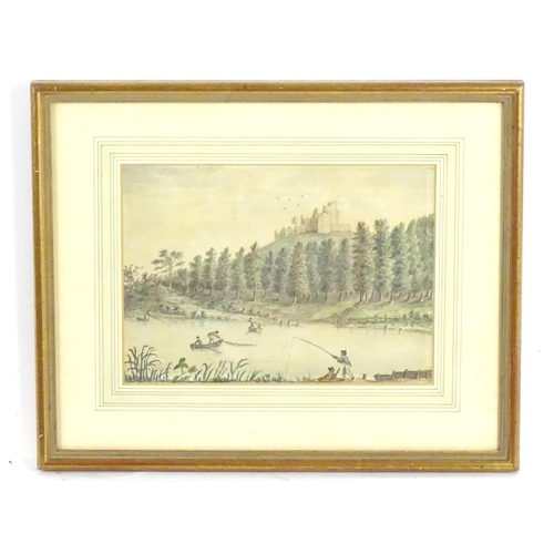 565 - Henry Pickthorn, 19th century, Watercolour and ink, A view of Prudhoe Castle from the River Tyne wit... 