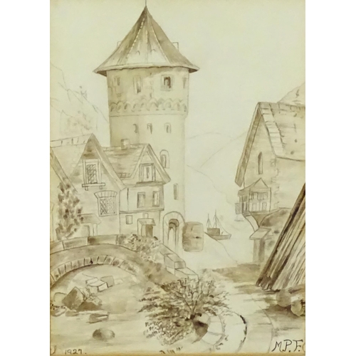 570 - Early 20th century, Pencil & wash, A naive Continental townscape with stone arch bridge, and boats b... 