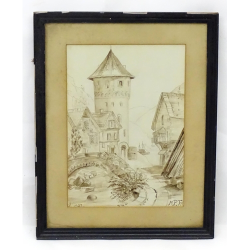 570 - Early 20th century, Pencil & wash, A naive Continental townscape with stone arch bridge, and boats b... 