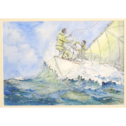 576 - J. S., 20th century, English School, Watercolours, A pair, A sailing boat at sea with figures. Both ... 