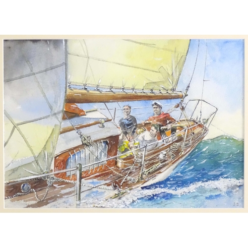 576 - J. S., 20th century, English School, Watercolours, A pair, A sailing boat at sea with figures. Both ... 