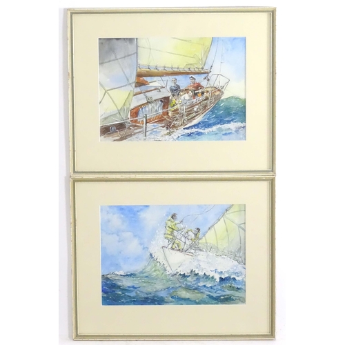 576 - J. S., 20th century, English School, Watercolours, A pair, A sailing boat at sea with figures. Both ... 