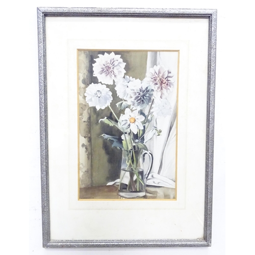 666 - A 20thC watercolour titled Dahlias, by Eileen M. Shledon. Signed and dated 1949 lower left and title... 