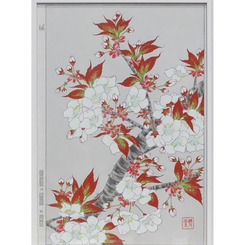 103 - After Shodo Kawarazaki (1889-1973), Colour print, Cherry Blossom. Approx. 14 1/2