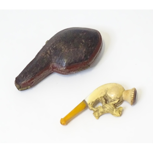 454 - A 19thc ladies' cased smoking pipe, the carved meerschaum bowl with spaniel dog decoration and amber... 