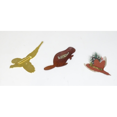 476 - Three vintage brooches comprising one formed as a pheasant with enamel decoration, one of feather fo... 