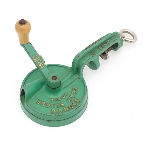 568 - Kitchenalia: a mid 20thC Spong bean slicer, no. 632, in green painted finish. Approx 9