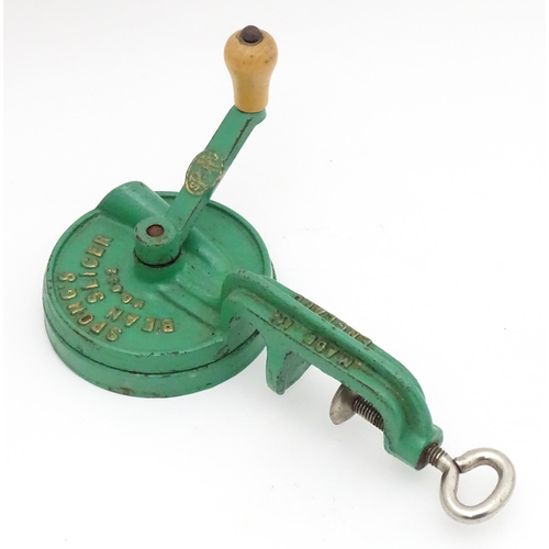 568 - Kitchenalia: a mid 20thC Spong bean slicer, no. 632, in green painted finish. Approx 9