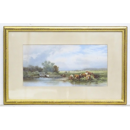 575 - A 20thC colour print after M. H. Long depicting cattle watering at a river. Facsimile signature lowe... 