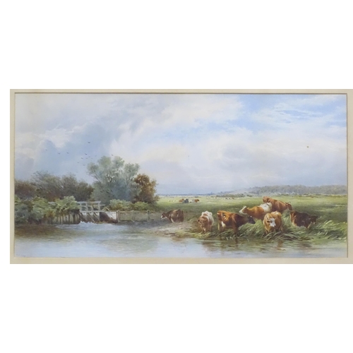 575 - A 20thC colour print after M. H. Long depicting cattle watering at a river. Facsimile signature lowe... 