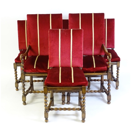 820 - A set of six 20thC oak dining chairs with barley twist supports and caned seats. 22