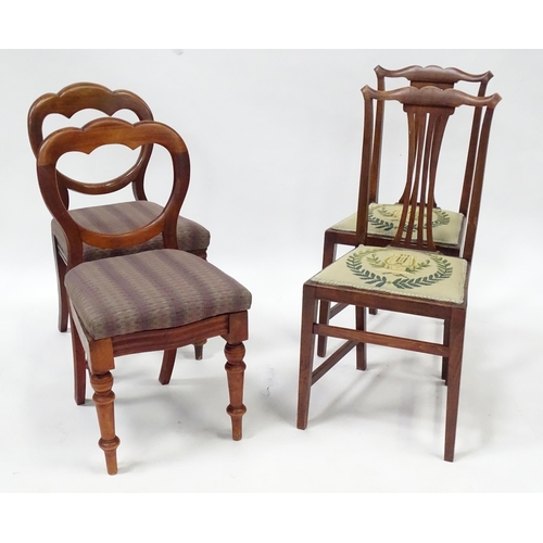 824 - A pair of Victorian mahogany dining chairs with balloon backs, together with a pair of Edwardian sid... 