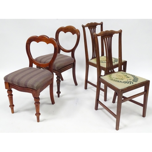 824 - A pair of Victorian mahogany dining chairs with balloon backs, together with a pair of Edwardian sid... 