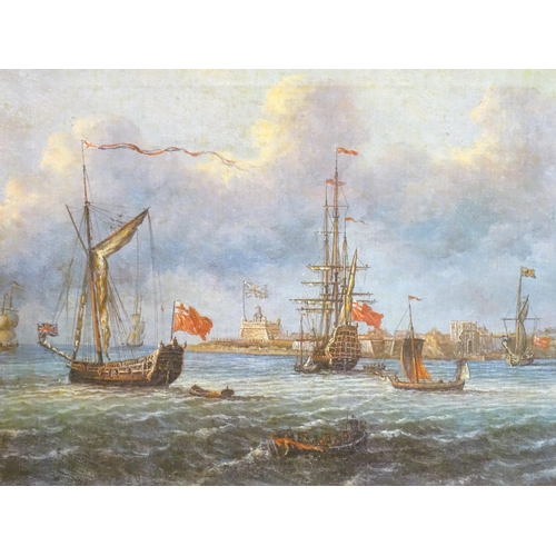 99 - After Peter Monamy (1681-1749), Oleograph on canvas, Marine School, Tall ships off the coast. Facsim... 