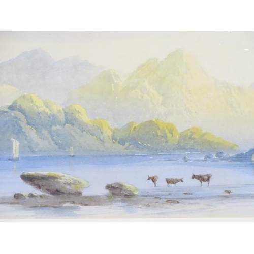 94 - Two 20thC watercolours, one depicting cattle watering with mountains beyond, the other depicting fis... 