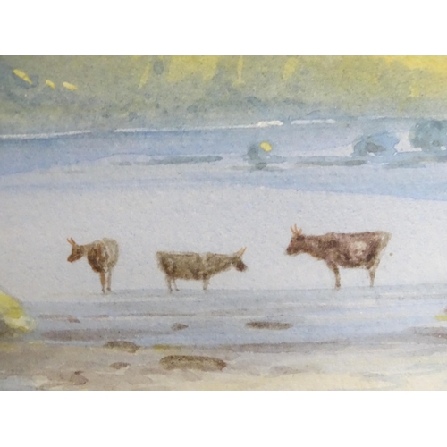 94 - Two 20thC watercolours, one depicting cattle watering with mountains beyond, the other depicting fis... 