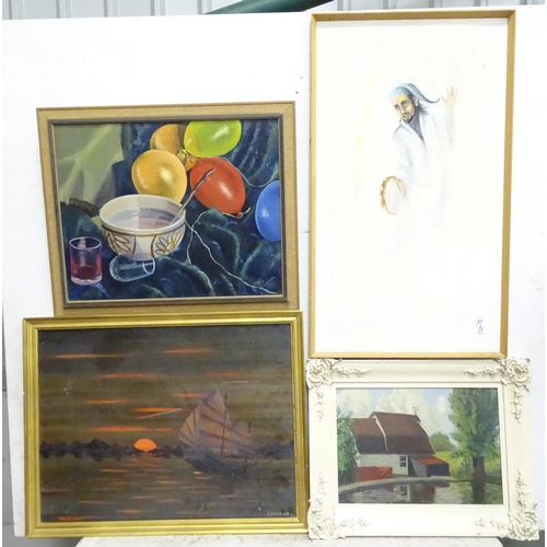 822 - Four oil paintings to include Spring Valley Mill Ardleigh by Vera Joy, an Oriental style sunset with... 