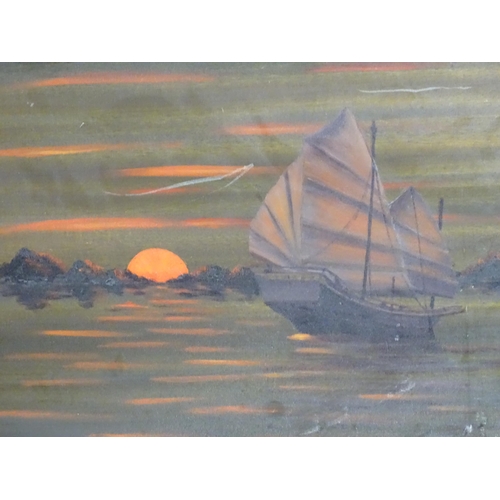 822 - Four oil paintings to include Spring Valley Mill Ardleigh by Vera Joy, an Oriental style sunset with... 