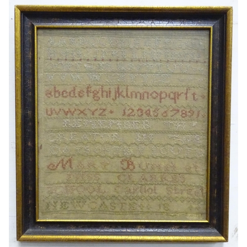 518 - A Victorian sampler with alphabet and verse by Mary Bunn. Ascribed verso with portrait. Approx. 11