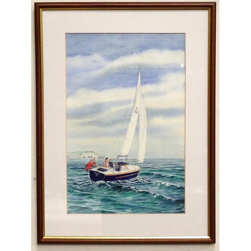 523 - A watercolour depicting a couple in a sailing boat titled Blue Mist RNSA WSC off the coast of Weymou... 