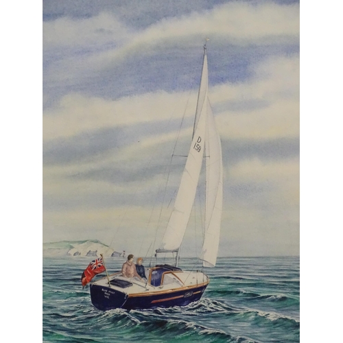 523 - A watercolour depicting a couple in a sailing boat titled Blue Mist RNSA WSC off the coast of Weymou... 