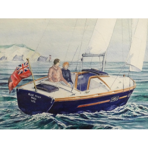 523 - A watercolour depicting a couple in a sailing boat titled Blue Mist RNSA WSC off the coast of Weymou... 