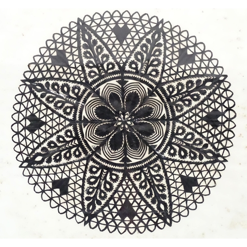 656 - Four lace pattern style collages of circular form. Together with two etchings depicting Continental ... 