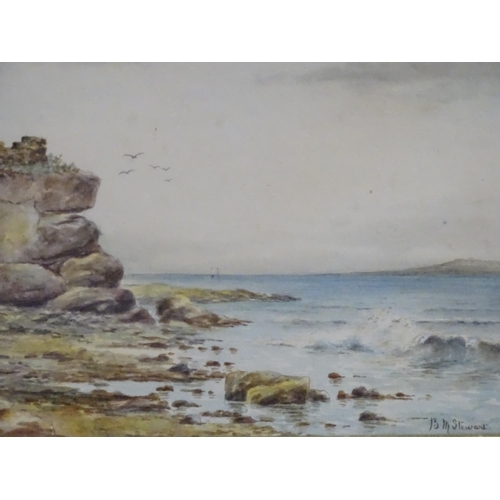 671 - Two 20thC watercolours by B. M. Stewart, one depicting Derwentwater, the other a seascape. Together ... 