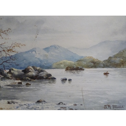 671 - Two 20thC watercolours by B. M. Stewart, one depicting Derwentwater, the other a seascape. Together ... 