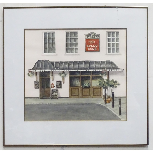 815 - A 20thC watercolour depicting The HoLly Bush pub in Hamstead with Benskins sign. Signed Johnston low... 