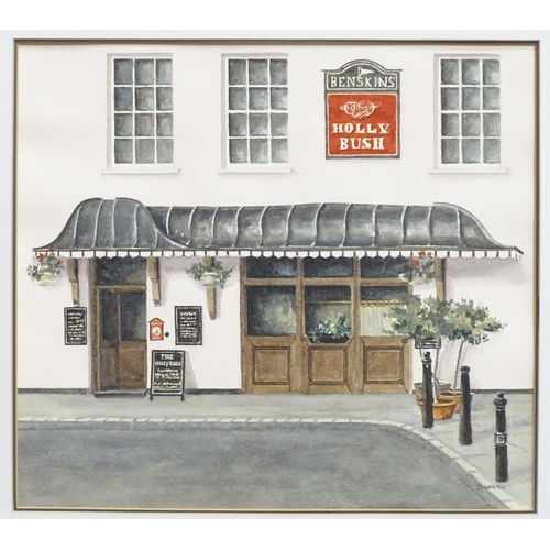 815 - A 20thC watercolour depicting The HoLly Bush pub in Hamstead with Benskins sign. Signed Johnston low... 