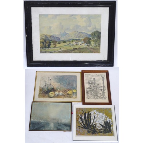 533 - Five assorted prints comprising a mountain landscape after Percy Lancaster, Yacht Approaching the Co... 