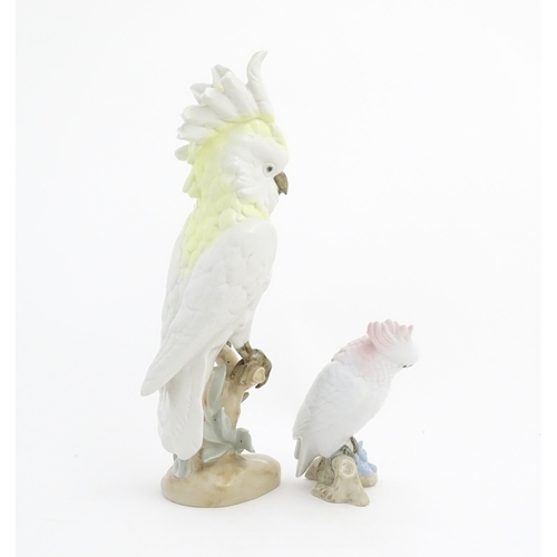 193 - Two Royal Dux models of birds, comprising a large Cockatoo bird with yellow and white feathers perch... 