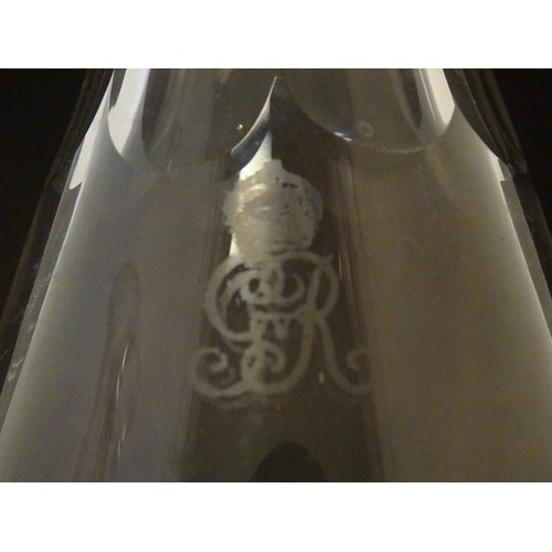 216 - Two 20thC glass carafes,  one with etched George V royal cypher, the other Edward VII cypher. The ta... 