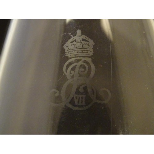 216 - Two 20thC glass carafes,  one with etched George V royal cypher, the other Edward VII cypher. The ta... 