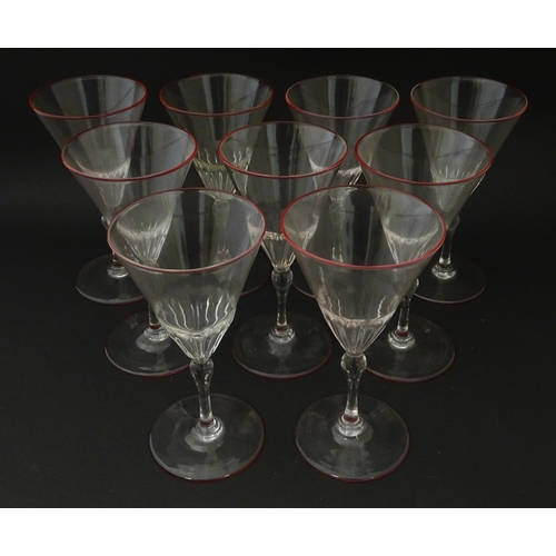 249 - Salviati & Co. Glassware: Nine Venetian glass pedestal drinking glasses with pink detail to rims. Ap... 