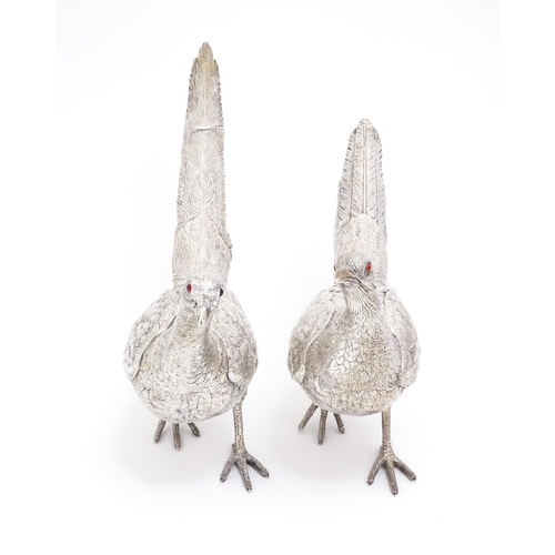 592 - A large pair of silver pheasants modelled as a cock and a hen pheasant with red glass eyes. Hallmark... 